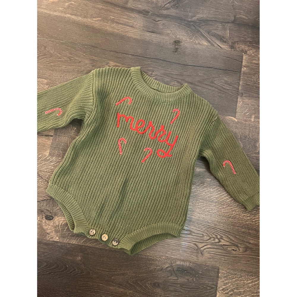Christmas Baby‎ Sweater Romper 9 12 Month Olive Green Holiday Outfit- runs big